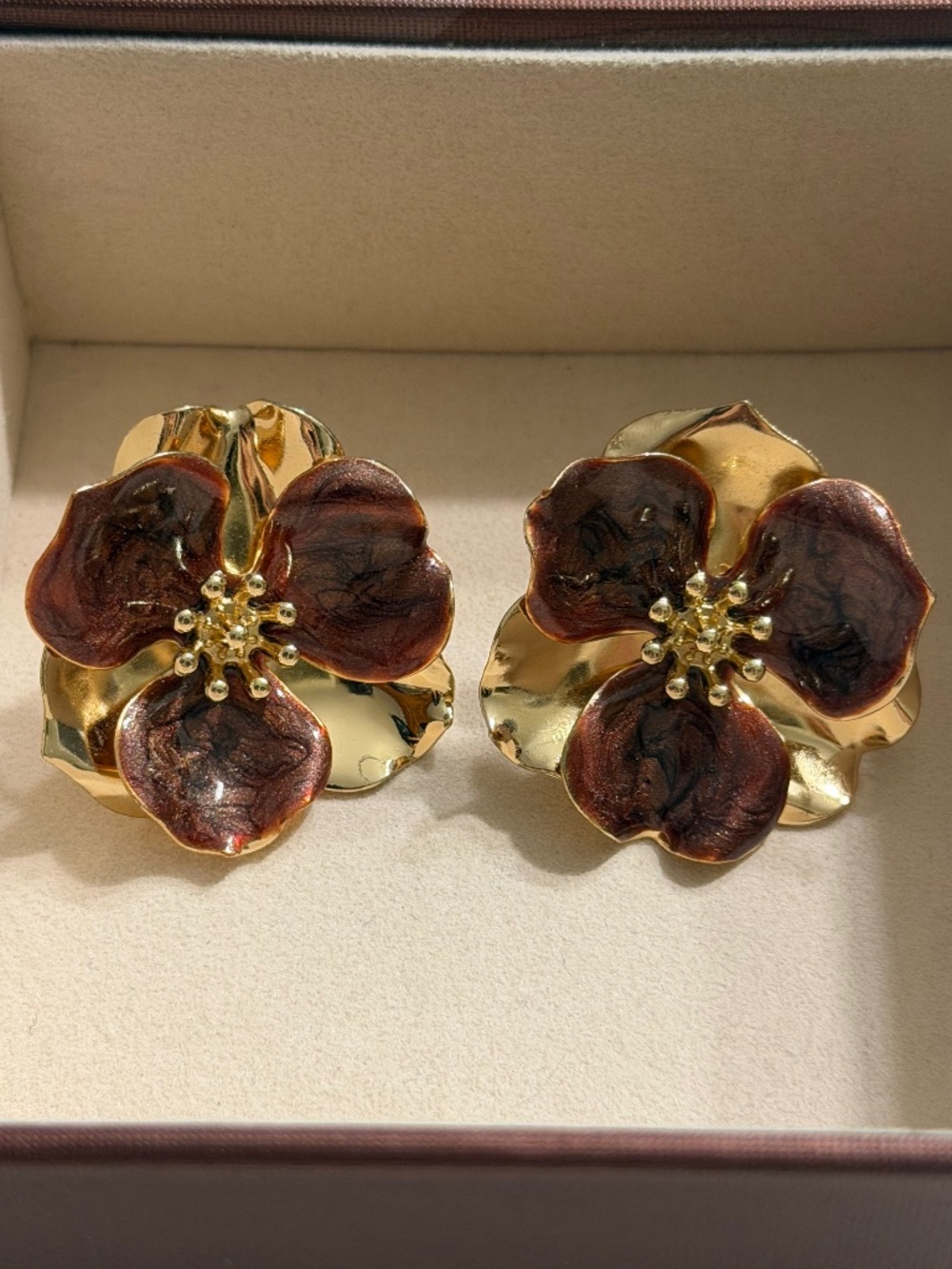 Golden Brown Double Layer Irregular 3-Petal Flower Stud Earrings